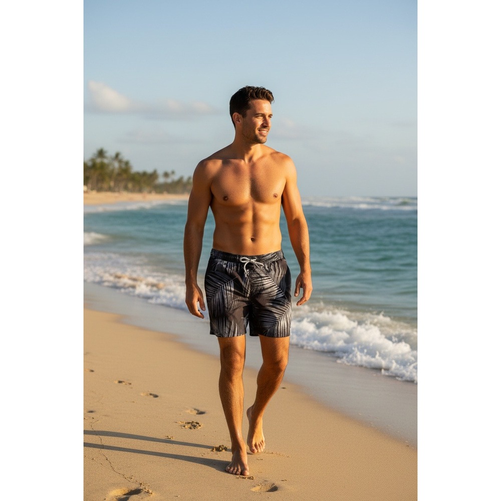 George Mens Athletic Jammer Swim Shorts 3XL Greystone Palm Leaf UPF 50+ New